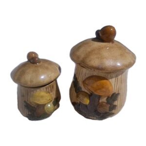 Vintage 1970s Mushroom Canisters Set of 2 6.5” & 3.5” Retro Kitchen Storage